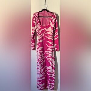 Pink Zebra Knit Maxi Dress | Long Sleeve Scoop Neck | 58” Length | Tall Friendly